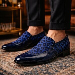 Men’s Blue Leopard Pony Hair Print Patent Loafers Size 9.5 Majestic Collection